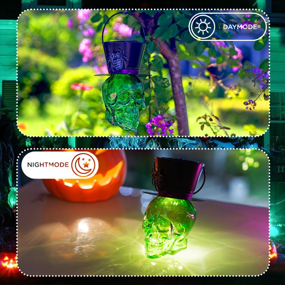Halloween Skull Decor Hanging Solar Lanterns Lights Decorations Scary Glass Ornaments For Party Garden Porch Yard Patio Lawn (Green)