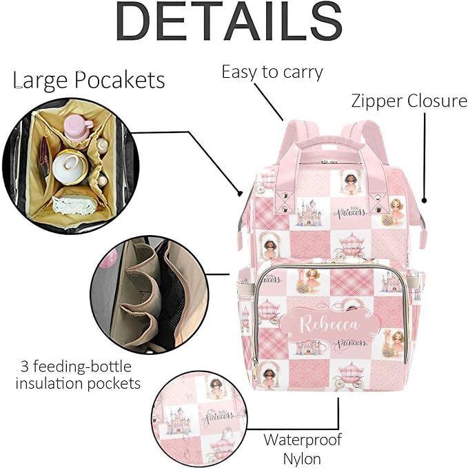 Custom Princess Baby Diaper Bag with Name – Personalized Nursing Travel Tote Backpack for Mom or Dad, Custom Name Baby Daypack Gift