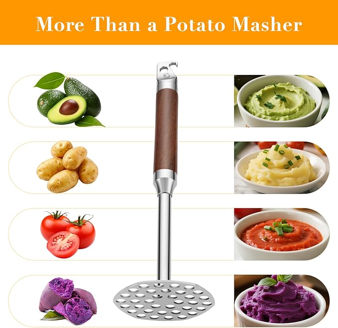 Stainless Steel Potato Masher with Solid Wood Handle, Multifunctional Food Masher with Bottle Opener Hook, Durable 10.4 inch Kitchen Tool for Potato, Veggie, Fruit, Avocado