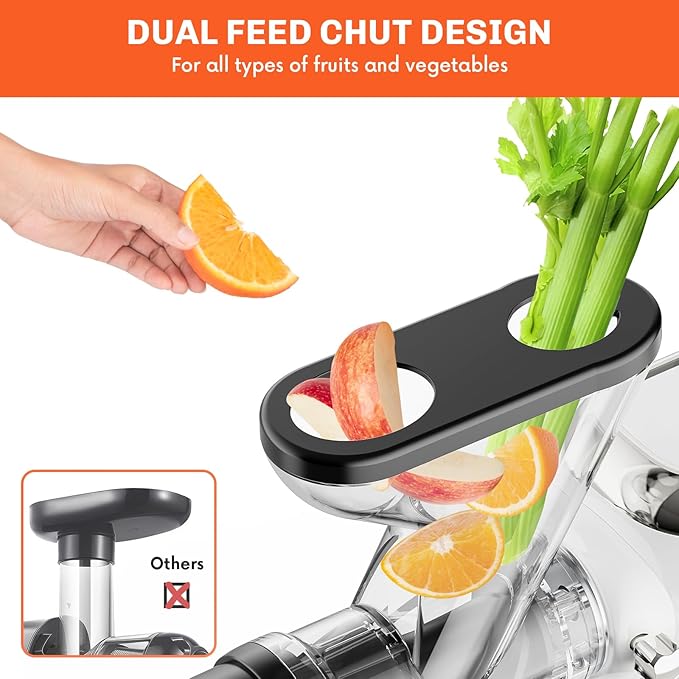 GVODE Cold Press Juicer, Powerful Masticating Juicer with Dual Feed Chute, Electric Juicer with Pulp Separation, Countertop Juicer Machines, 75dB, 3 Mode Operations, Overheat Protection