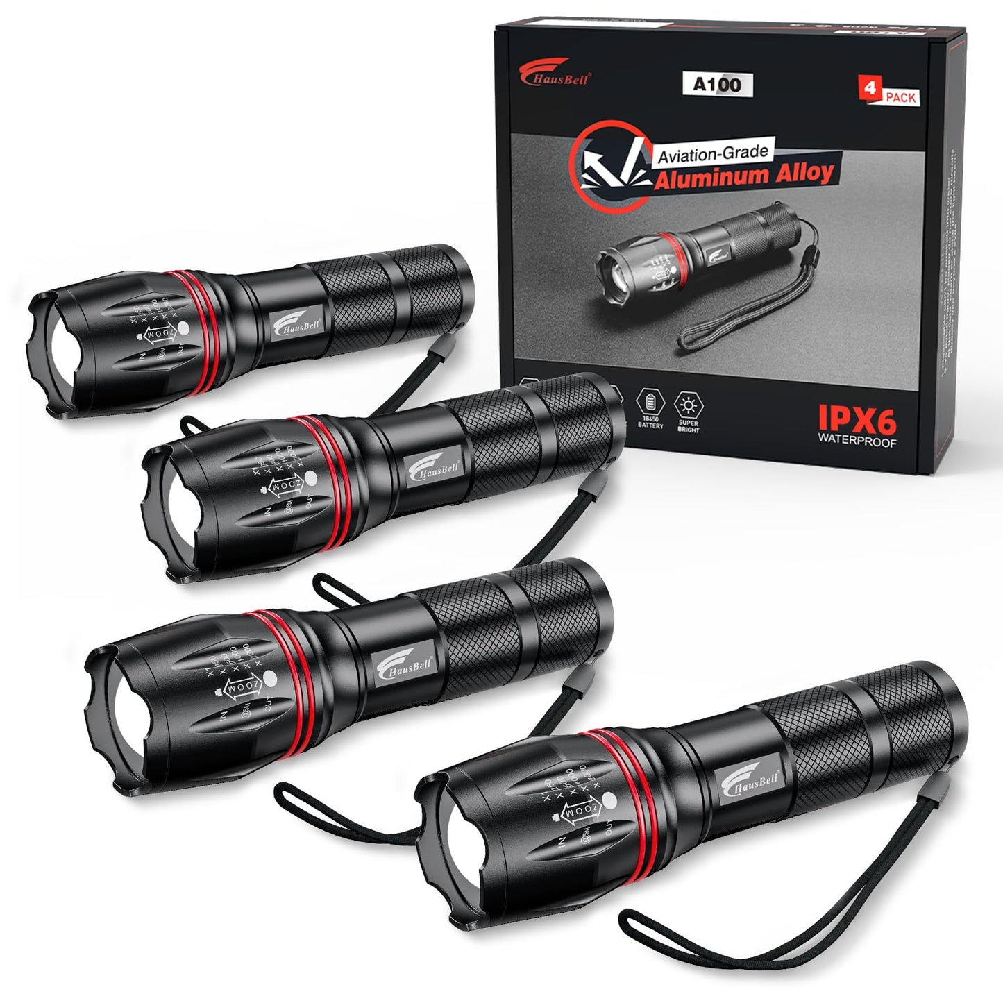 HAUSBELL LED A100 Flashlight Pack - 4 Zoomable Tactical Flashlights, High Lumens, Black, Aluminum, Emergency & Outdoor Use