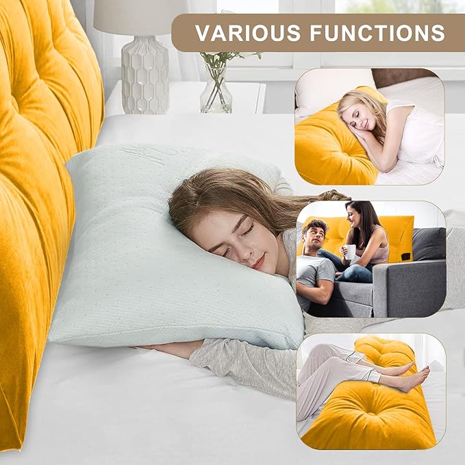 Large Triangular Headboard Pillows Long Backrest Positioning Support Bolster Cushion for Daybed Fluffy Quality Plush Body Wedge Pillow with Removable Cover(Light yellow-Full-54x8x20in)
