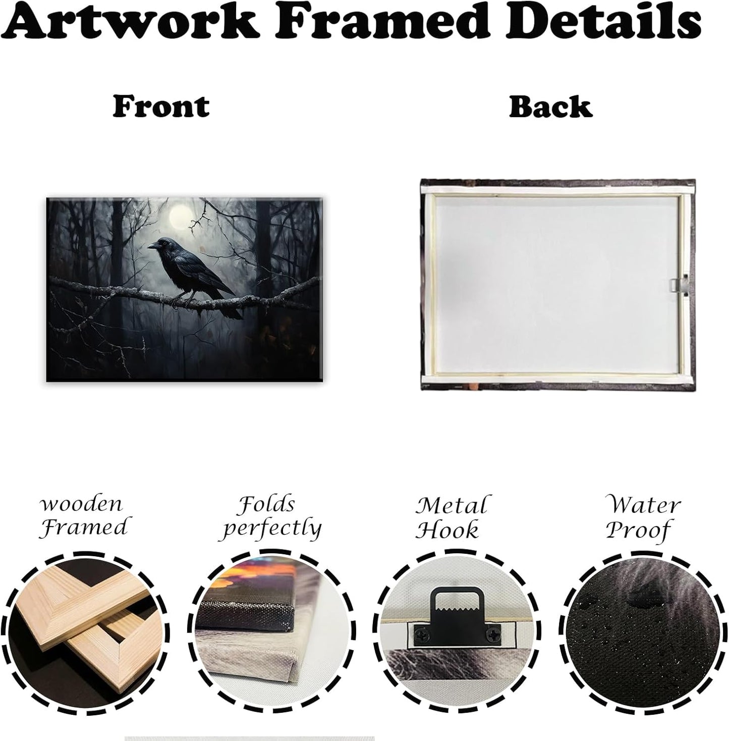 OAAPITI Crow Canvas Wall Art Black Crow Stand On The Branch Picture Print Moonlit Night Poster Vintage Forest Landscape Painting Artwork Living Room Halloween Decor(Artwork-1,24"x36")