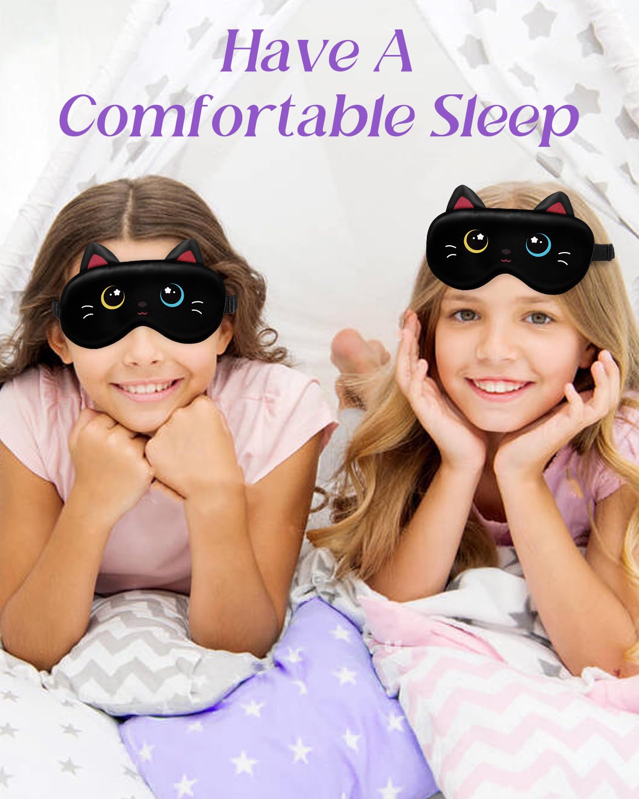 Miss Adola Sleep Mask for Kids - Valentines Gift for Kids Cute Silk Eye Cover for Sleeping Soft Kawaii Eyeshade Animal Eye Blindfold with Adjustable Strap for Girls Teens, Black Cat