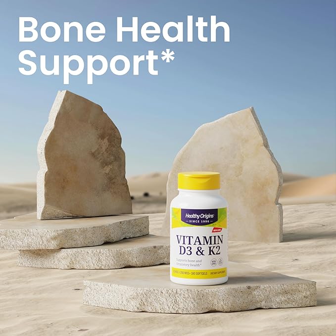 Healthy Origins Vitamin D3 & K2 - Vitamin D3, 50 mcg - Vitamin K2, 200 mcg - Easily Absorbable Vitamin D & Vitamin K Supplements - Non-GMO & Gluten-Free Supplements - 60 Softgels