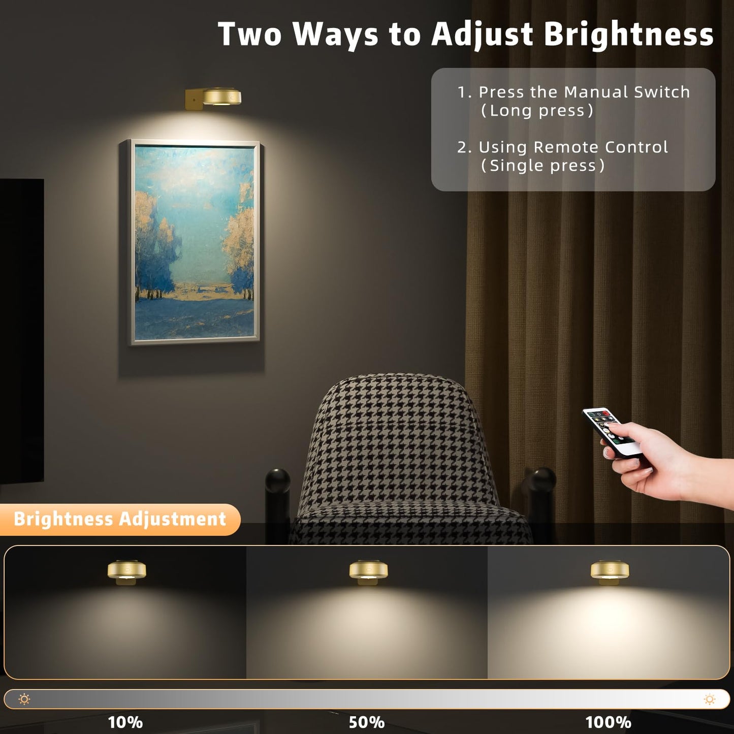 3PCS Picture Lights, Rechargeable Battery Wall Light for Paintings, 3 Colors Paintings Light Dimmable and Timer Metal Art Light for Display, Wall, Artwork, Gallery (Gold)