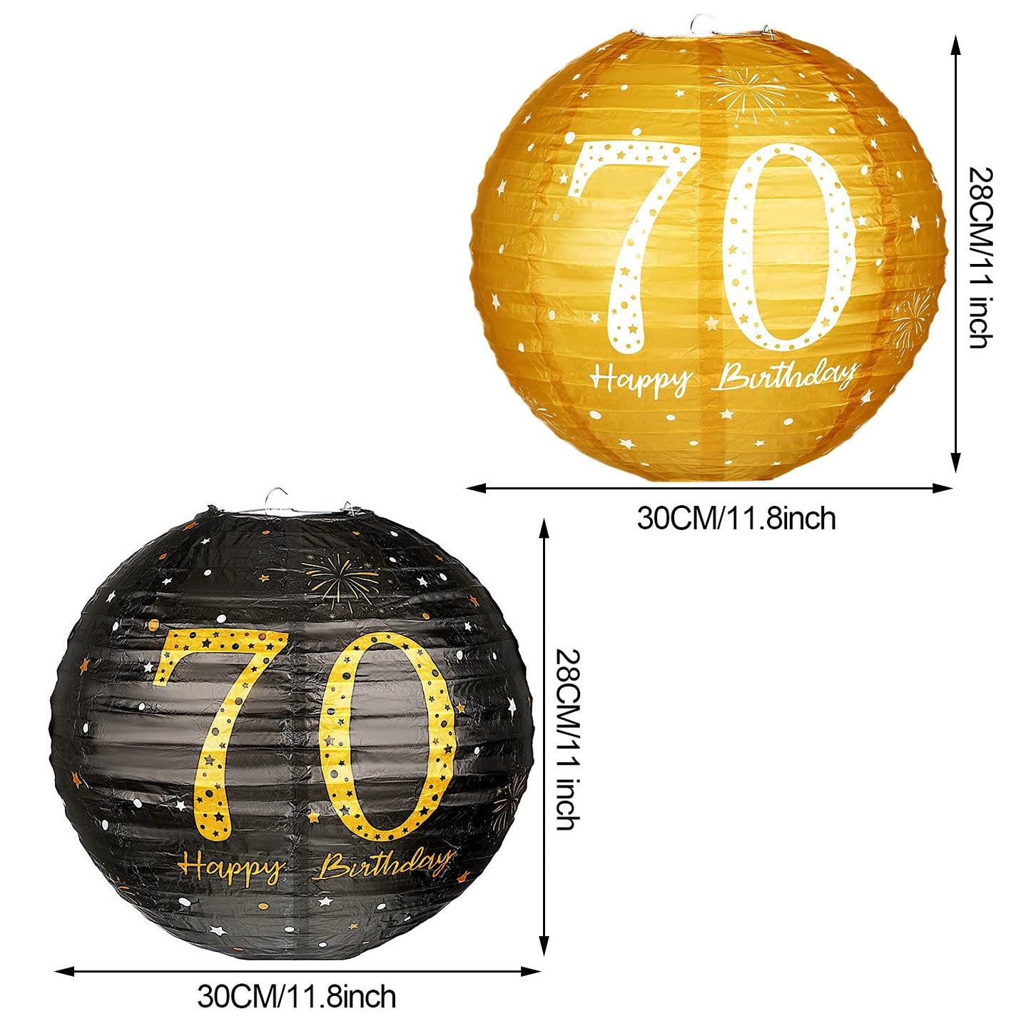 Blulu 6 Pieces Birthday Party Decorations - Hanging Paper Lanterns, Black Gold Glittery, 70th Style, Anniversary Sign