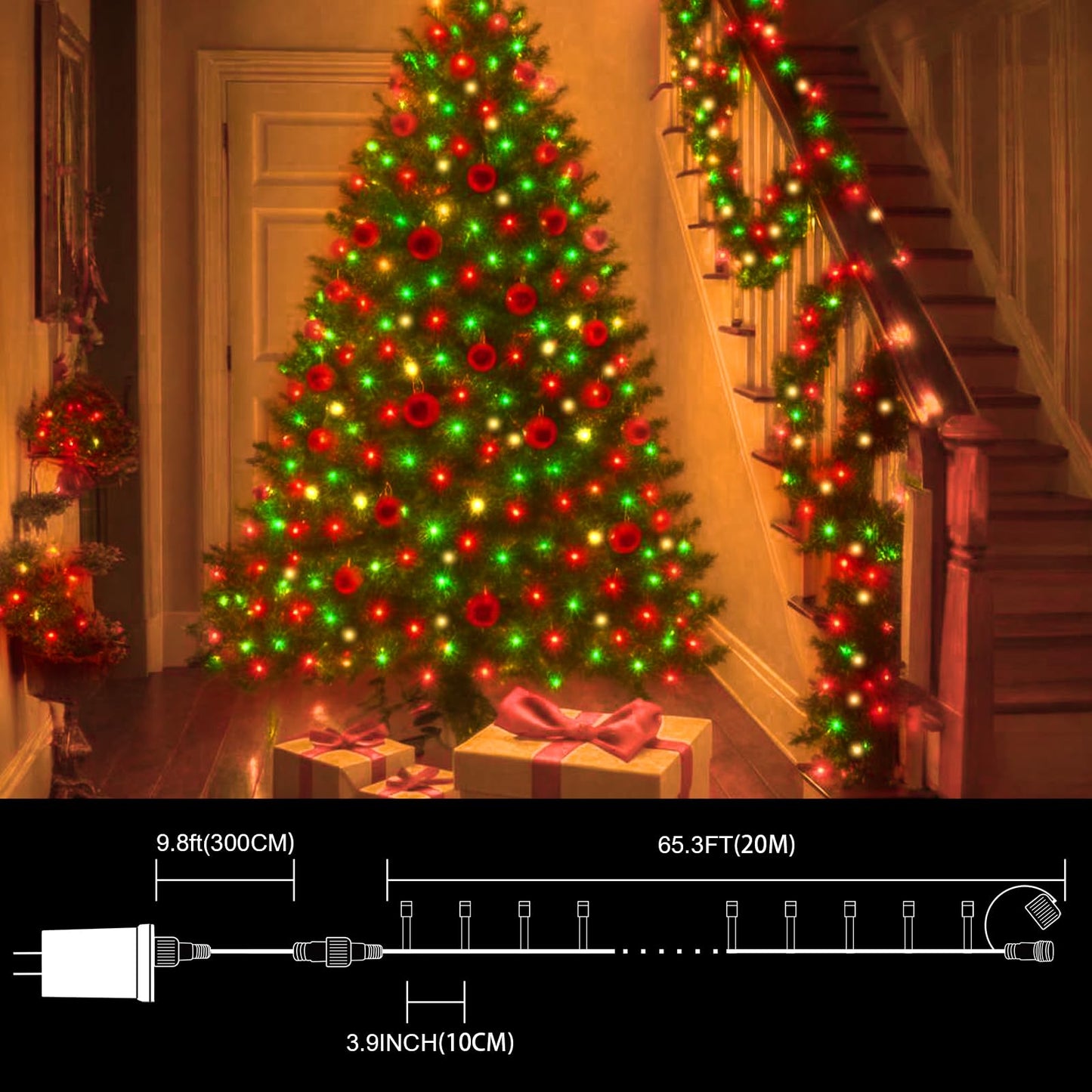 Lamphome 66Ft Christmas Decorative Mini Lights  200 Led Transparent Wire Fairy Starry String Lights Plug In  16 Lighting Modes For Outdoor Xmas Tree Wedding Party Decoration (Red Green Warm)