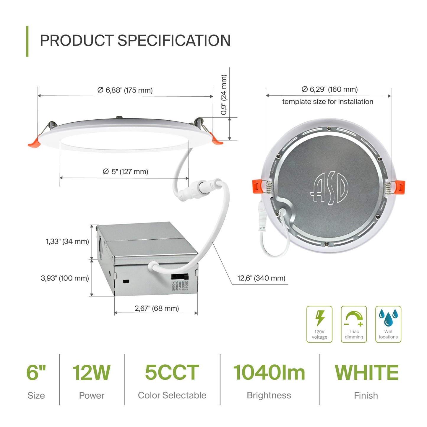 Asd 6 Pack Led Recessed Lighting 6 Inch 12W  5 Cct 2700K-5000K Cri90+  Ic Rated Ultra Thin Dimmable Ceiling Lights With J Box  Canless Wafer Downlight  Round Slim Panel Light  Energy Star Etl  White