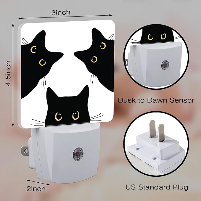 Funny Black Cats Night Light, Cute Kittens Dusk to Dawn Night Light Plug in,0.5w Energy Saving Sleep Friendly NightLight for Kids Boys Girls Home Bedroom Living Room Decor