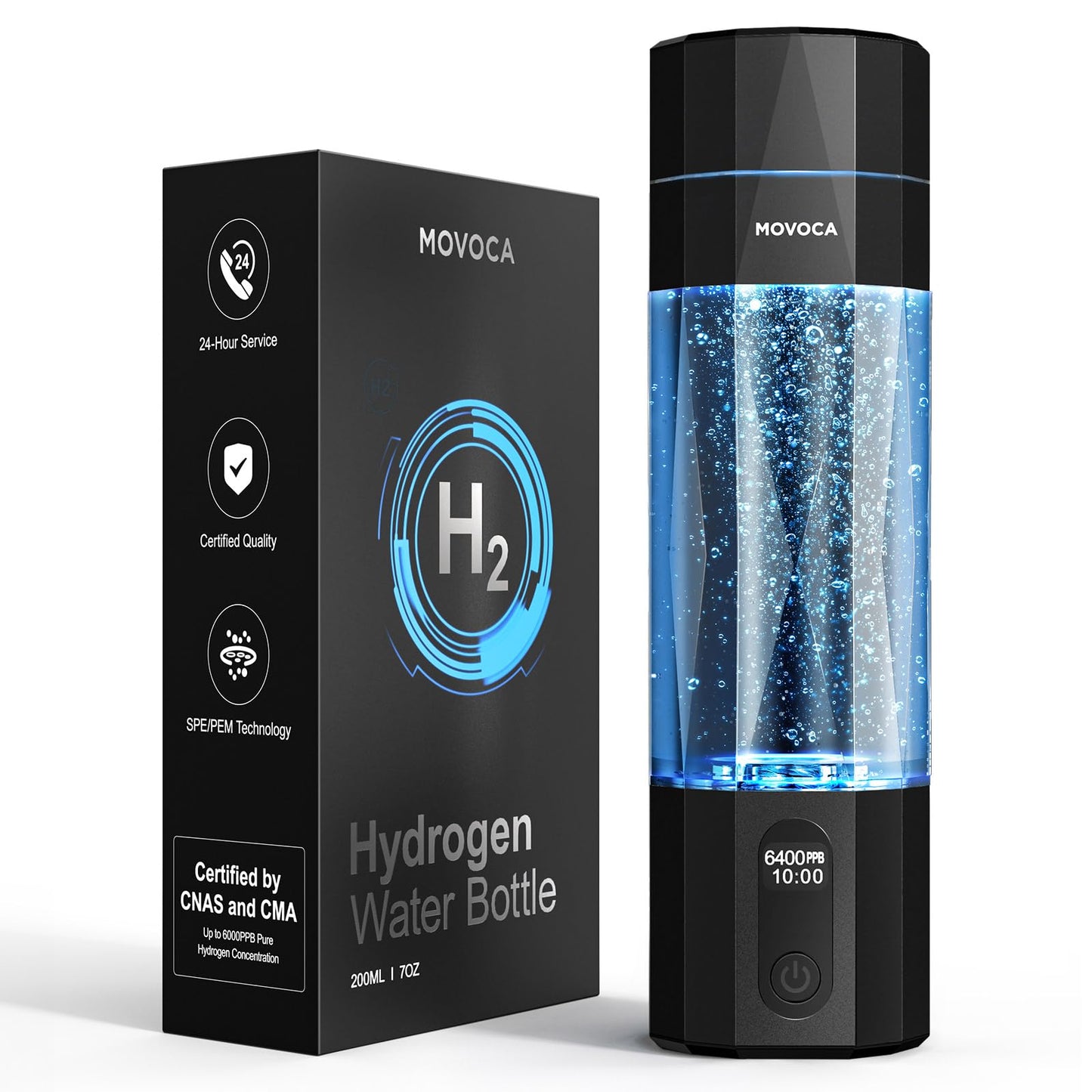 MOVOCA Upgrade Hydrogen Water Bottle, Up to 6400PPB Hydrogen Water Generator -SPE PEM Tech, 7 OZ Food-Grade PC Hydro Water Machine, Gifts for Husband, Wife, Family, Friends, Travel
