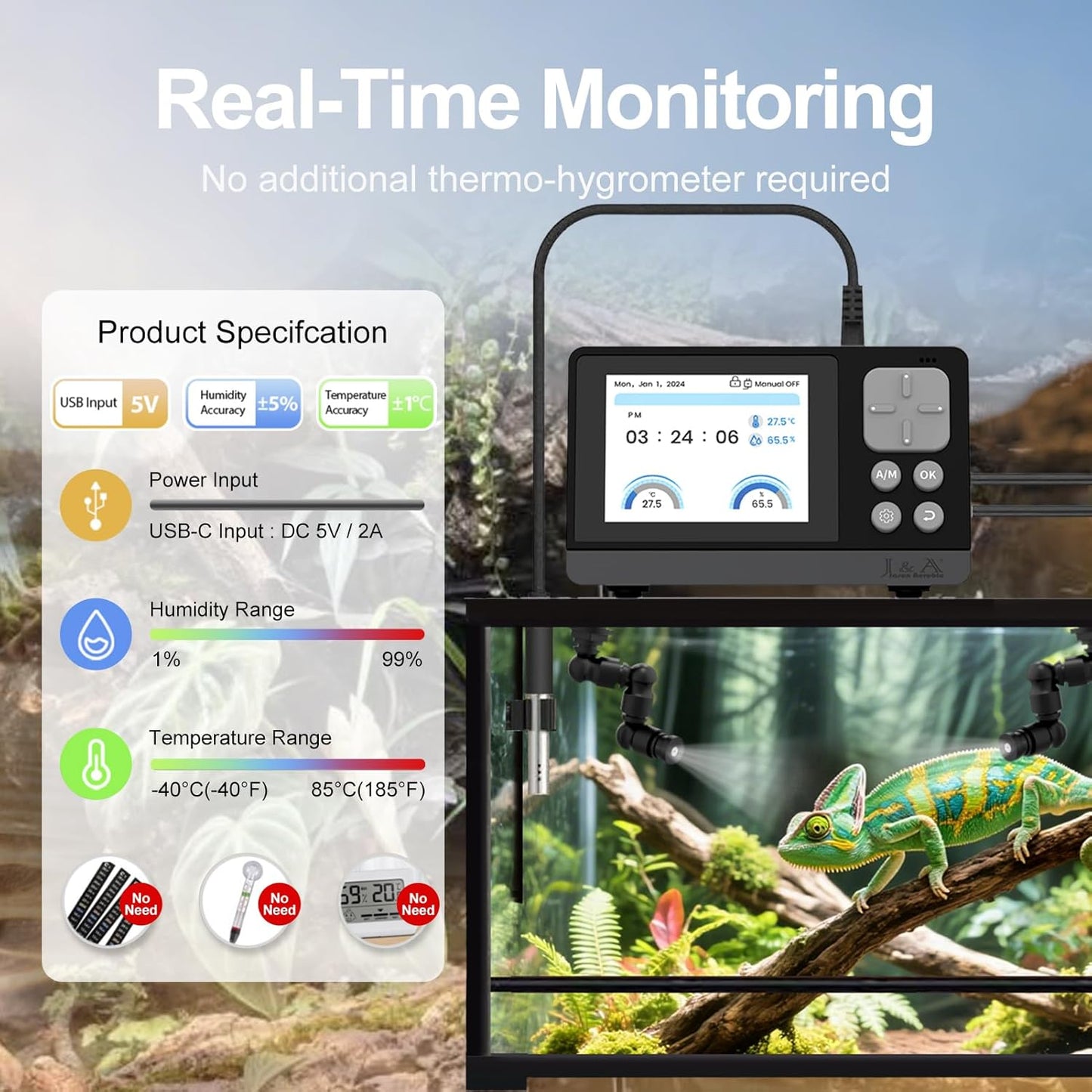 J&A Smart Reptile Mister, Automatic Misting System for Tanks - Programable Timer with Temperature/Humidity Probe, Ideal for Reptile Habitat (Black)