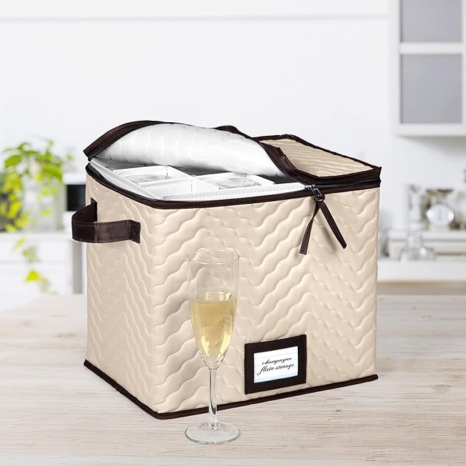 Wine Glass Storage Box with Dividers - Stemware Storage Case, Durable Quilted Microfiber Bin with Carry Handles, Protects Fine China - Durable Quilted Microfiber Bin with Carry Handles (1 Pack, Champagne Flute)