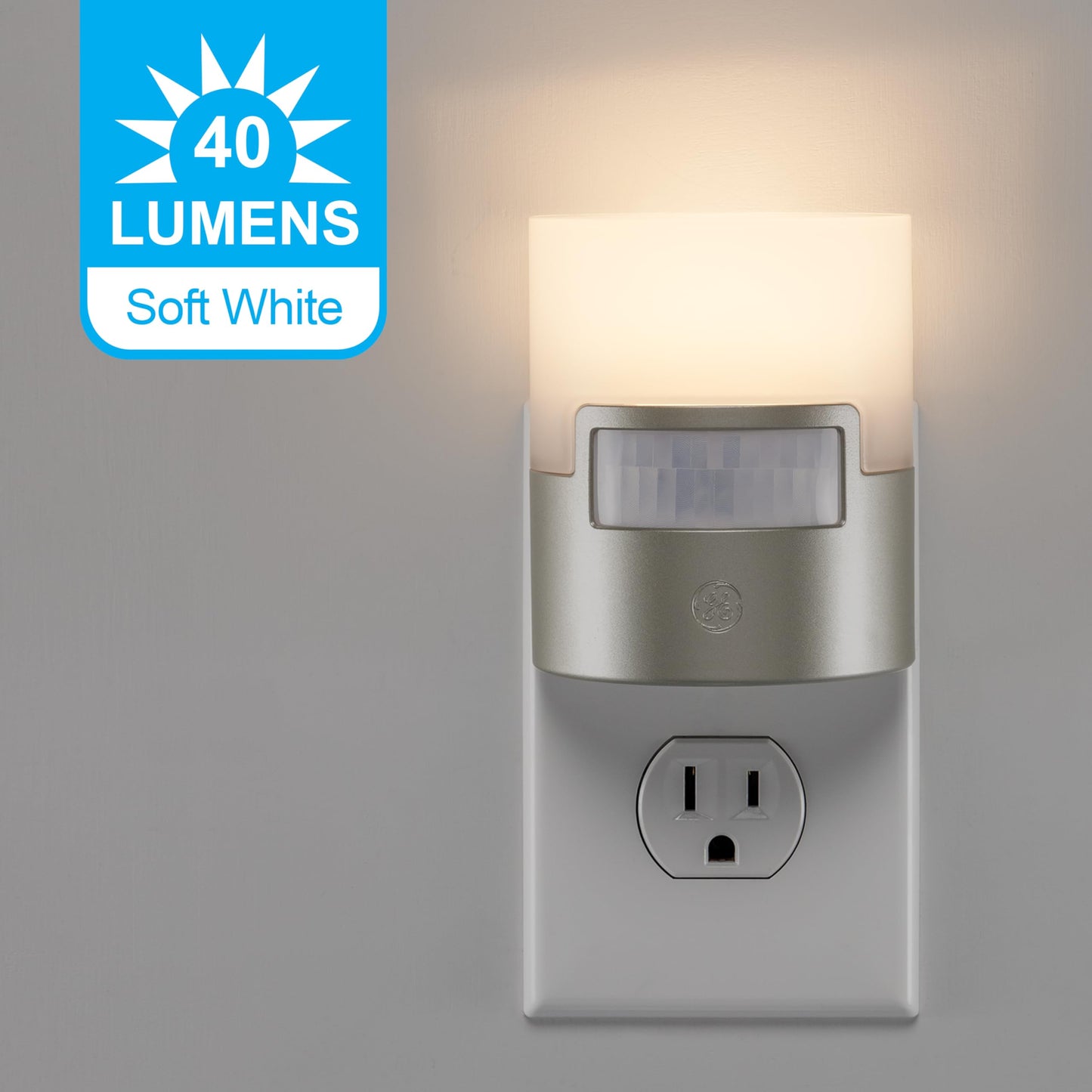 GE LED Motion Sensor Night Light, 40 Lumens, Soft White, Plastic, Silver, 2 Pack, Model 46633