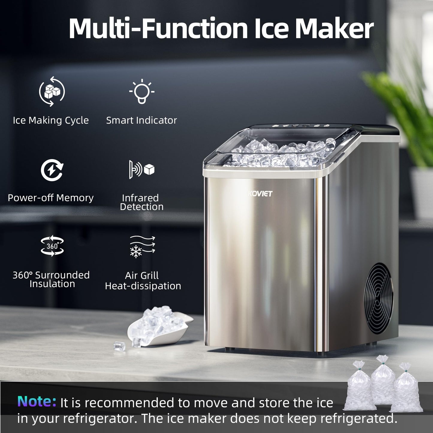 KOVIET Nugget Ice Makers Countertop, Soft Pebble Ice Machine, Chewable Crushed Pellet Ice 42lbs/Day, Self-Cleaning Drainpipe Ice Maker for Party, Home, Kitchen, Bar, Office, Silver Gray