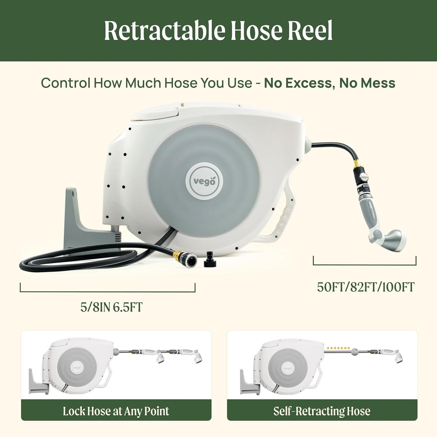 Vego Garden Hose Reel Retractable Hi-Flow x 100ft Wall Mounted Hose Reel Automatic Rewind, Any Length Lock with 9 Patterns Sprayer Nozzle, Quick Connector and Adjustable shot Nozzle-Tidepool Blue