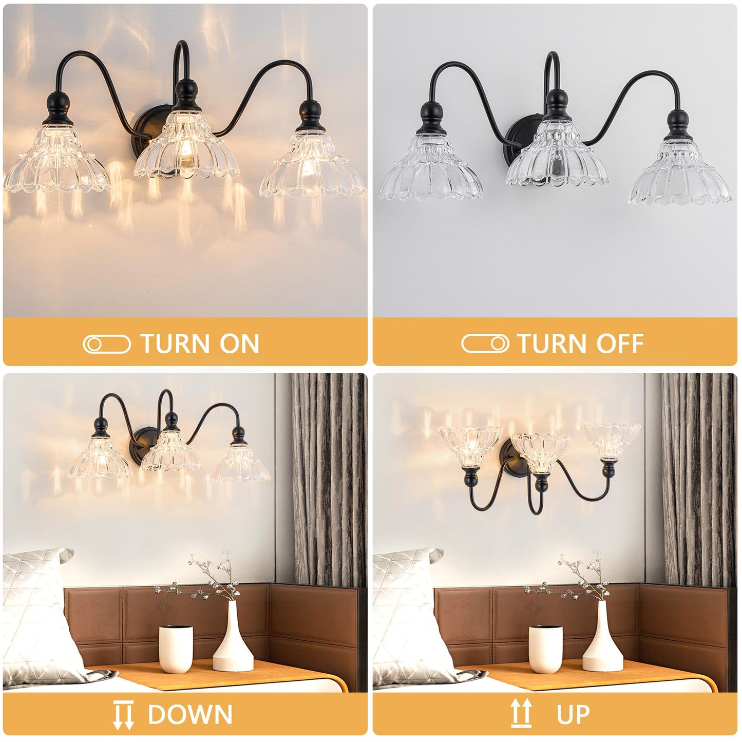 Brknit Vintage Bathroom Light Fixtures Over Mirror  3-Light Black Wall Sconce Lighting With Flower Glass Shade  Farmhouse Vanity Lights For Bedroom Kitchen Living Room Hallway Light
