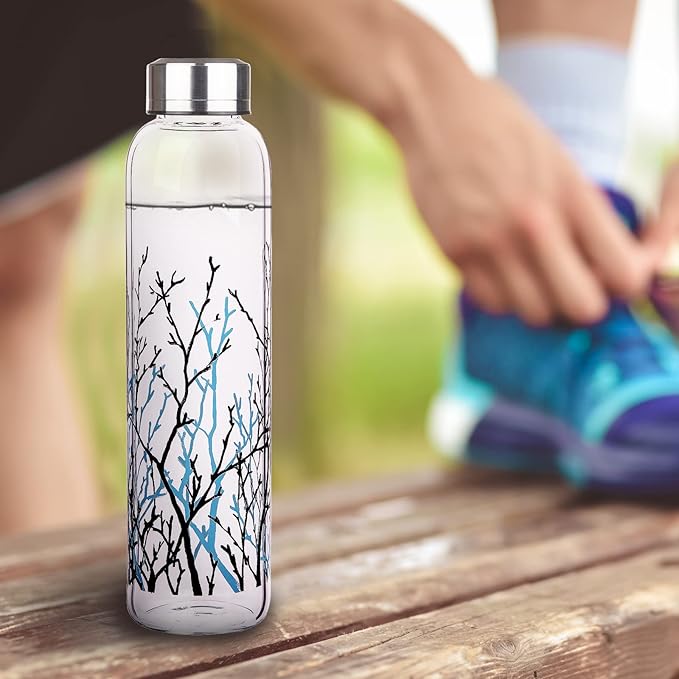 Borosilicate Glass Water Bottle, Sports Glass Drinking Bottle with Neoprene Sleeve and Stainless Steel Lid 16oz / 32oz (32oz, Tree Branche)