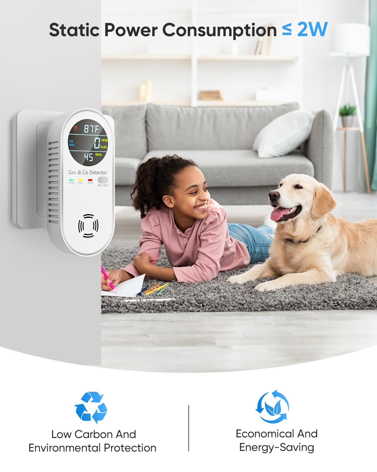 Vilfet Carbon Monoxide Detectors & Natural Gas Detector, 4-in-1 Carbon Monoxide Detectors Plug in, Gas Leak Detector with Dual Alarms, Temperature & Humidity Sensor for Home, RV, White, 1 Pack