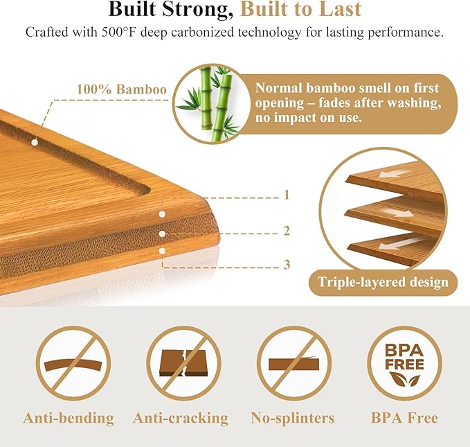 Bamboo Cutting Board Set, 2PCS Double-Sided Chopping Boards for Kitchen Meal Prep & Serving, Charcuterie, Juice Grooves & Side Handle, Ideal for Meat, Vegetables, Kitchen Essentials