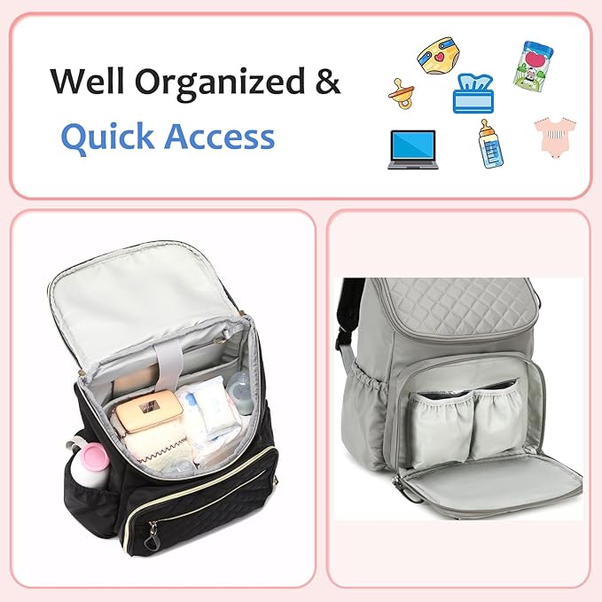 Large Capacity Diaper Bag Backpack with Stroller Buckle, Water-Resistant Travel Baby Bag with Insulated Pockets (Classic, Grey)