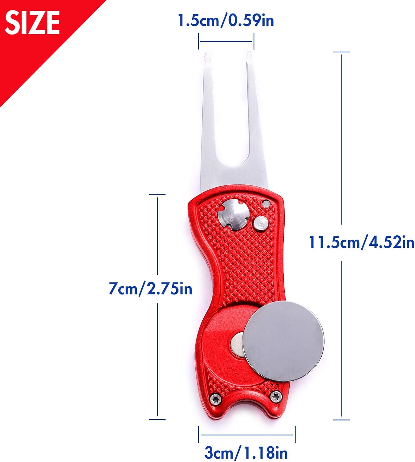 2 Pack Metal Foldable Golf Divot Tool with Pop-up Button & Magnetic Ball Marker (Pack of 2, Fish Design)