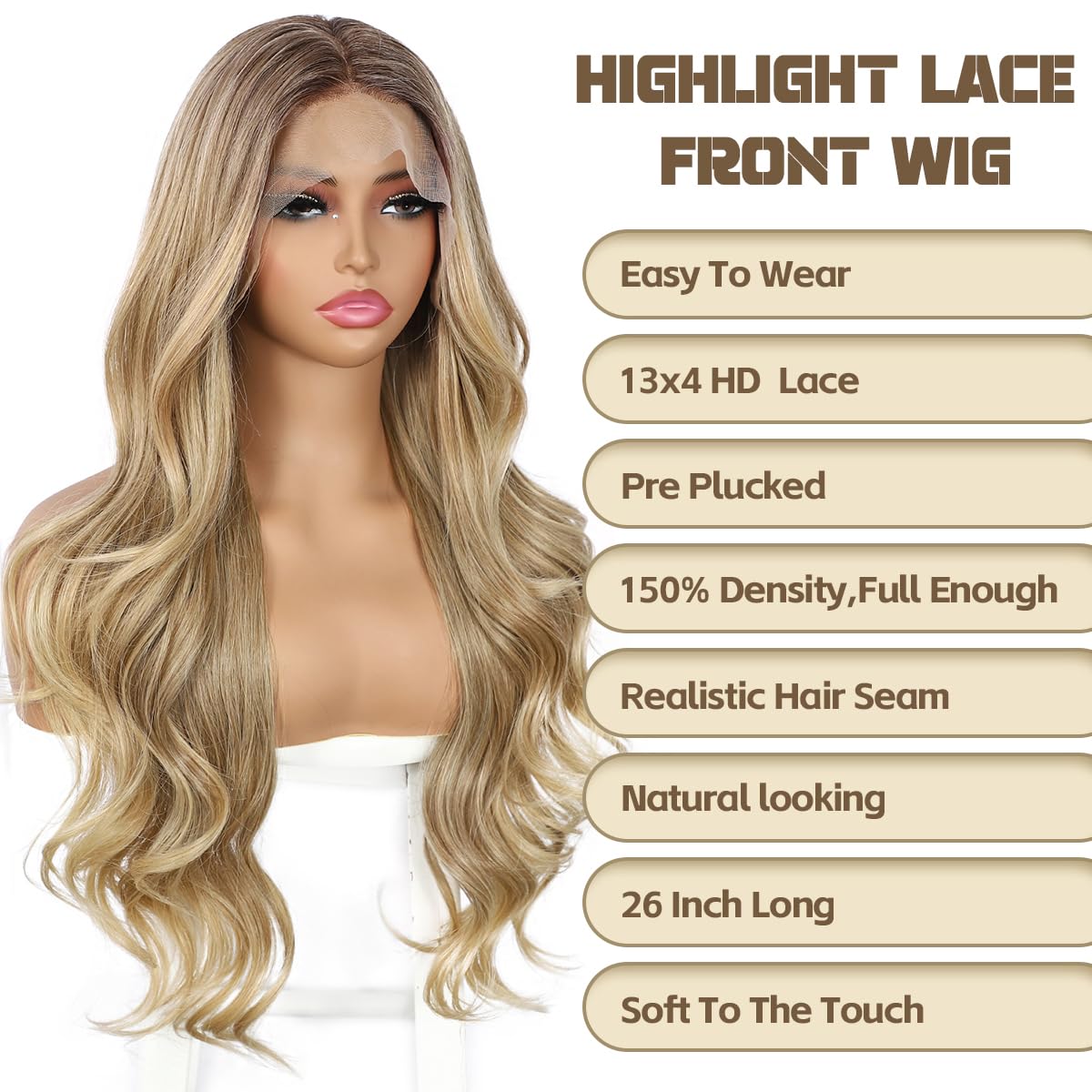 BABEHERS Blonde Lace Front Wig for Women 13x4 Body Wave Synthetic Wigs Omber Highlight Pre-plucked Long Wavy 150% Density Natura