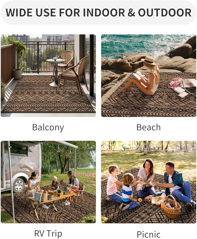 MontVoo Outdoor Rug Carpet Waterproof 9x12 Outdoor Patio Rug Mat Reverisble Plastic Straw Outdoor Rug for RV Camping Picnic Beach Balcony Boho Black Brown Large
