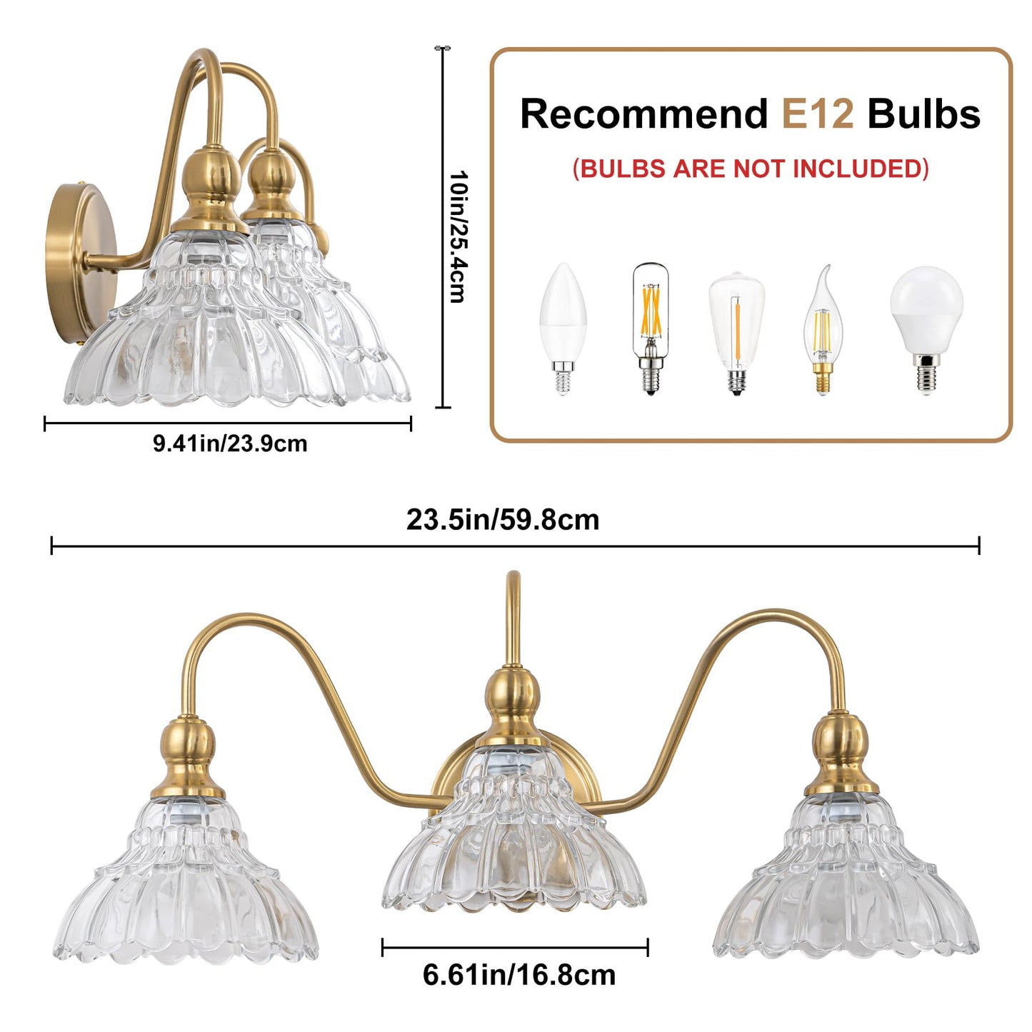 Brknit Vintage Bathroom Light Fixtures Over Mirror  3-Light Brass Wall Sconce Lighting With Flower Glass Shade  Farmhouse Vanity Lights For Bedroom Kitchen Living Room Hallway Light