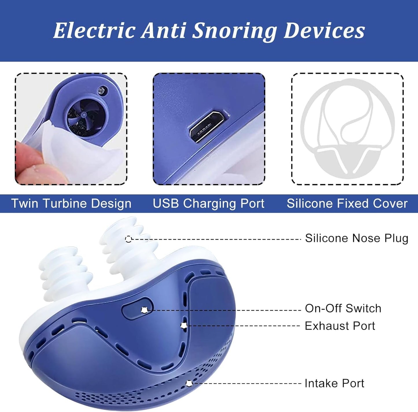 Anti Snoring Devices, Electric Anti Snoring Device, Effective Snoring Prevention, Sleep Apnea Devices for Men and Women, Adjustable Wind Speed, Suitable for All Nose Shapes, Blue AA7