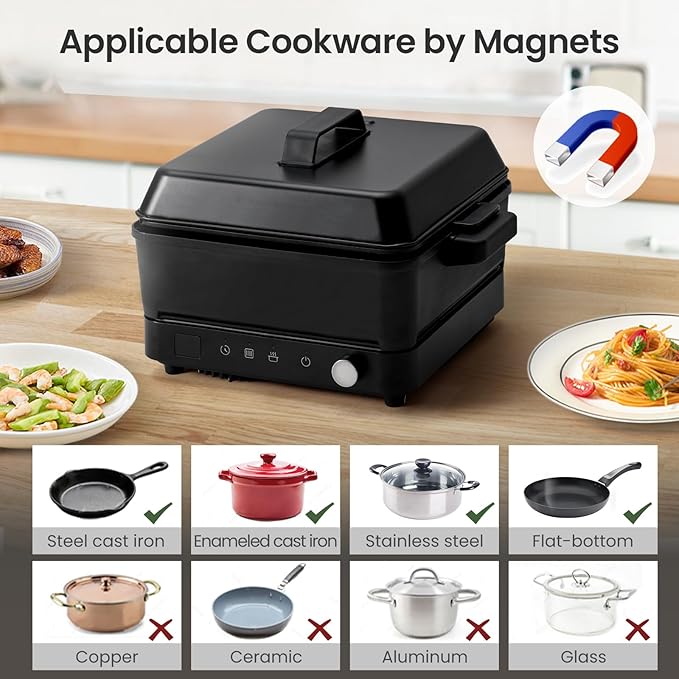 Portable Induction Cooktop 1500W with Grill Pan & Rack, Sensor Touch Hot Plate for Countertop, 6 Temp Levels, Auto Shut-Off, LED Display, Pot Detection, Electric Burner for Indoor BBQ & Cooking