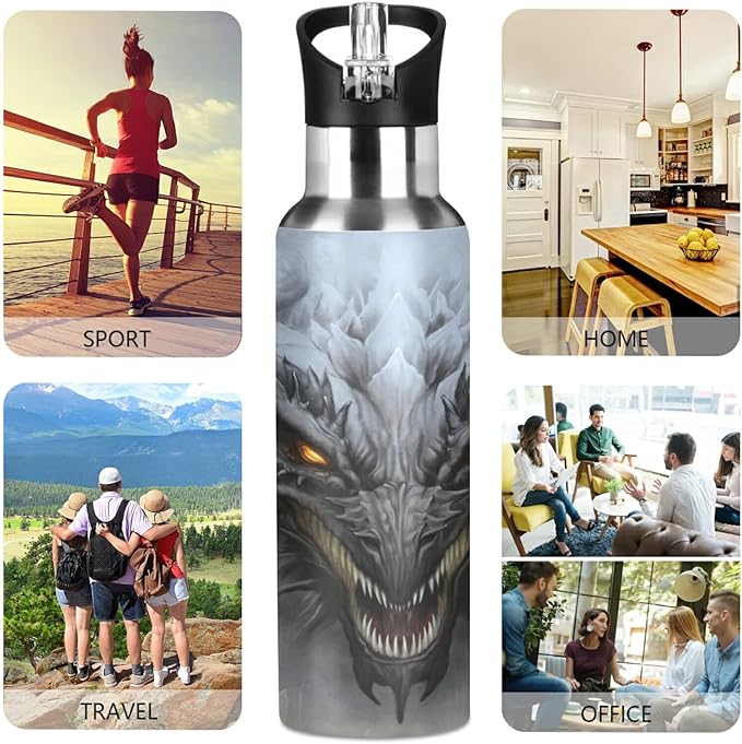 Blueangle 32 OZ Scary Dragon Water Bottle with Straw, Sports Water Bottle BPA Free Stainless Steel Water Jugs for Gym, Kitchen, Working, Outdoor（972）