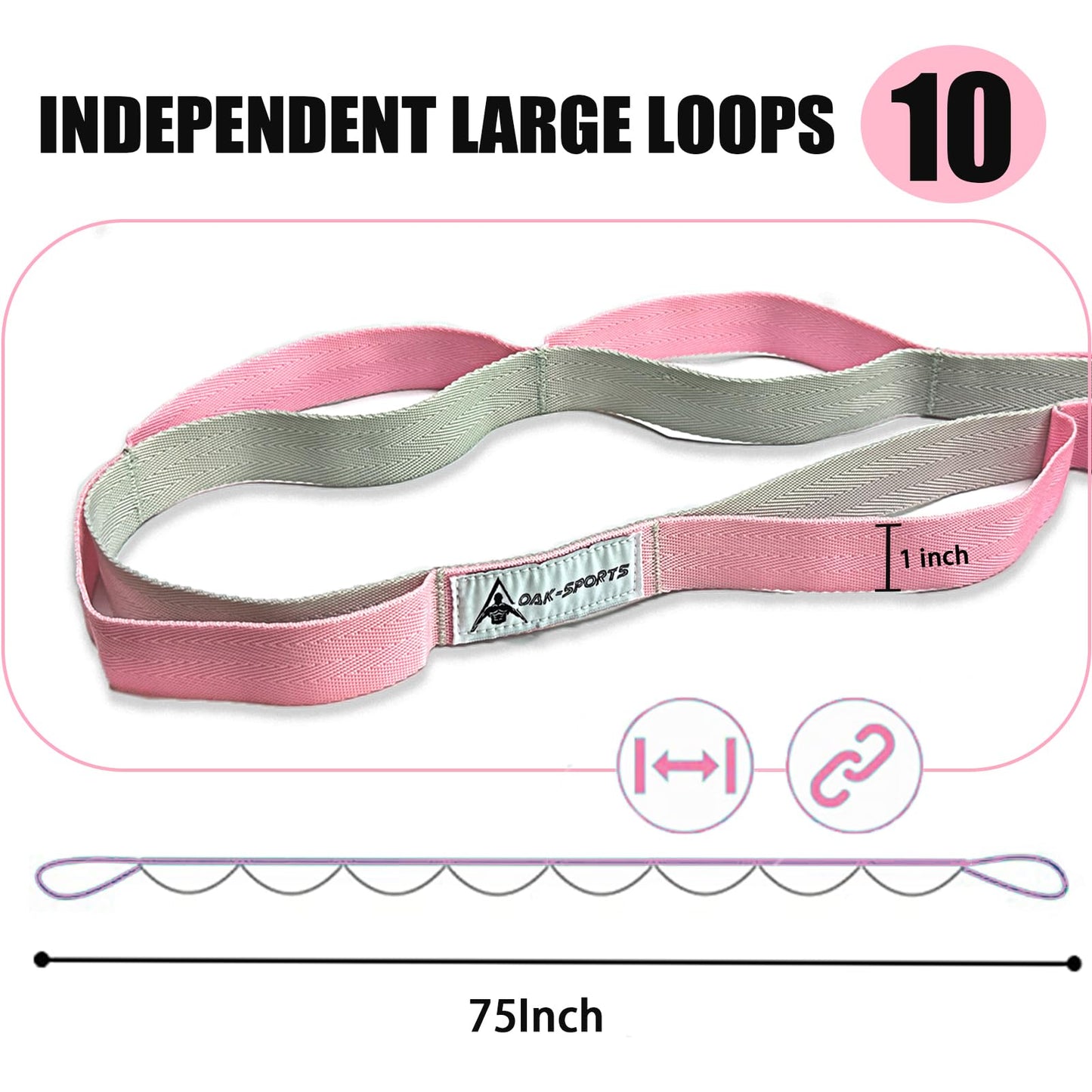 Stretching Strap Yoga Strap with Loops, Stretch Out Straps for Physical Therapy, Non-Elastic Exercise Strap for Pilates, Dance and Gymnastics with Workout Guide (Black+Pink/Light Gray)