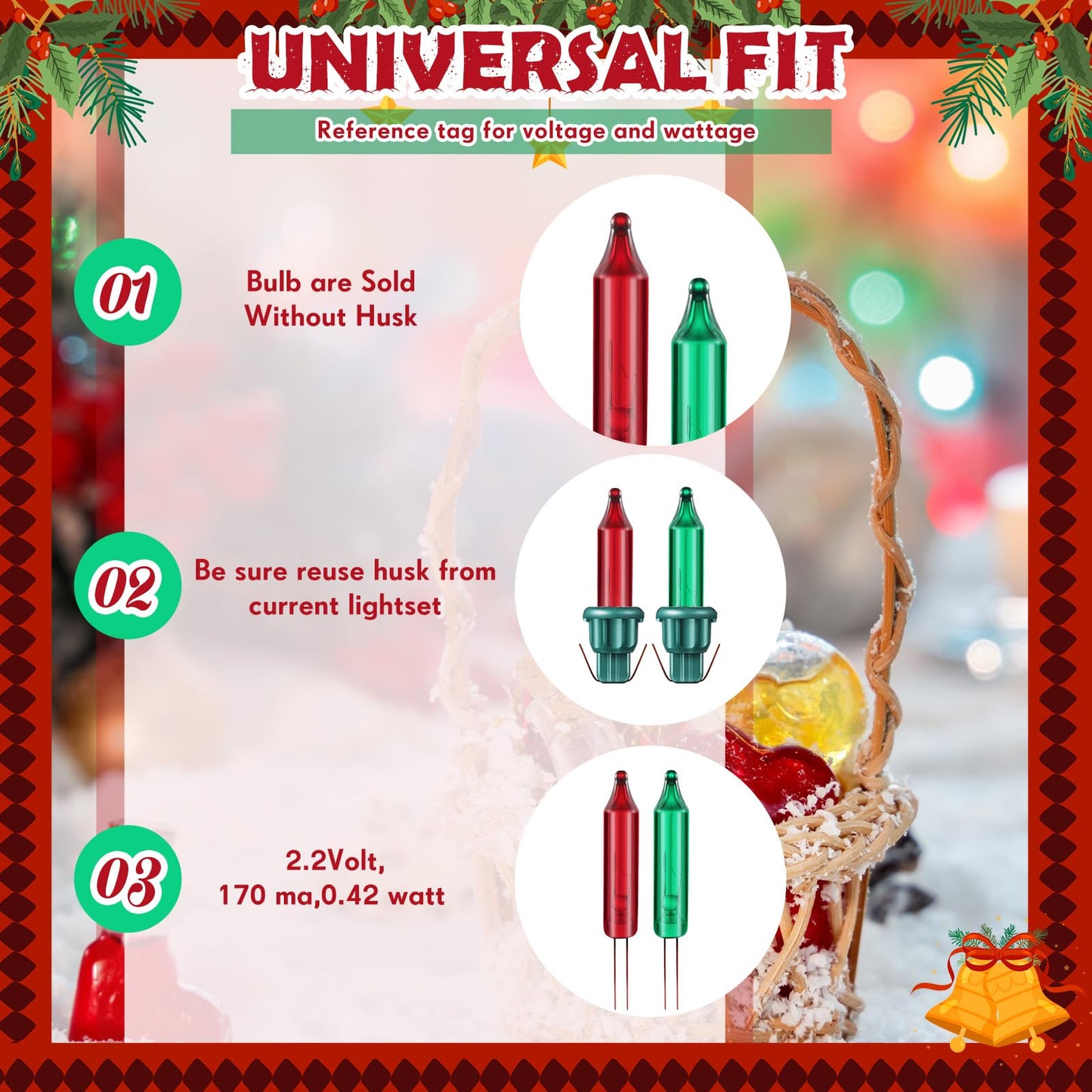 Mudder 300 Pcs Replacement Mini Light Bulbs Christmas Tree 2.5 V Incandescent Glass String Light Bulbs With Base Indoor Outdoor Xmas Decoration  0.17 Ampere  0.425 Watt (Red And Green)