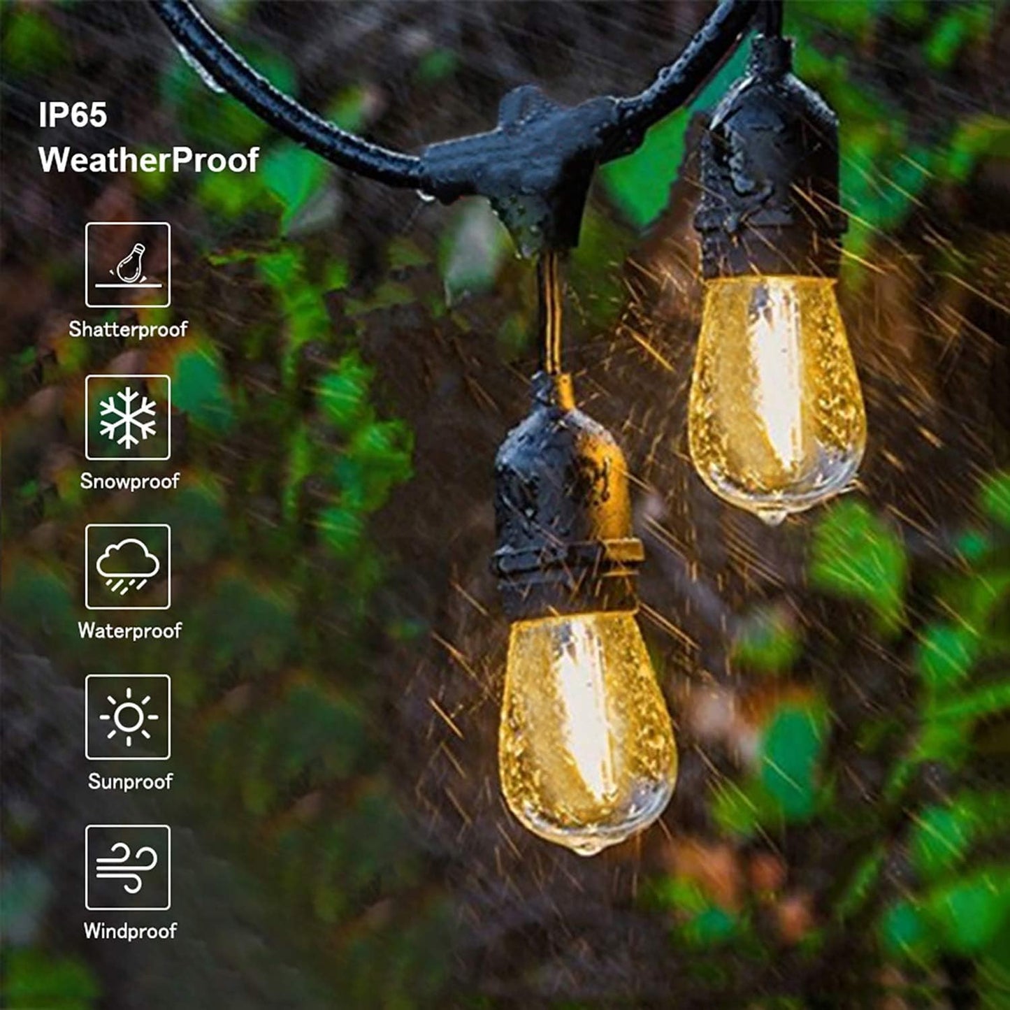 Svater Outdoor String Lights, 105FT, LED, Commercial Grade, Shatterproof S14 Bulbs, Black, Model SV-S14105FT-MG, Waterproof