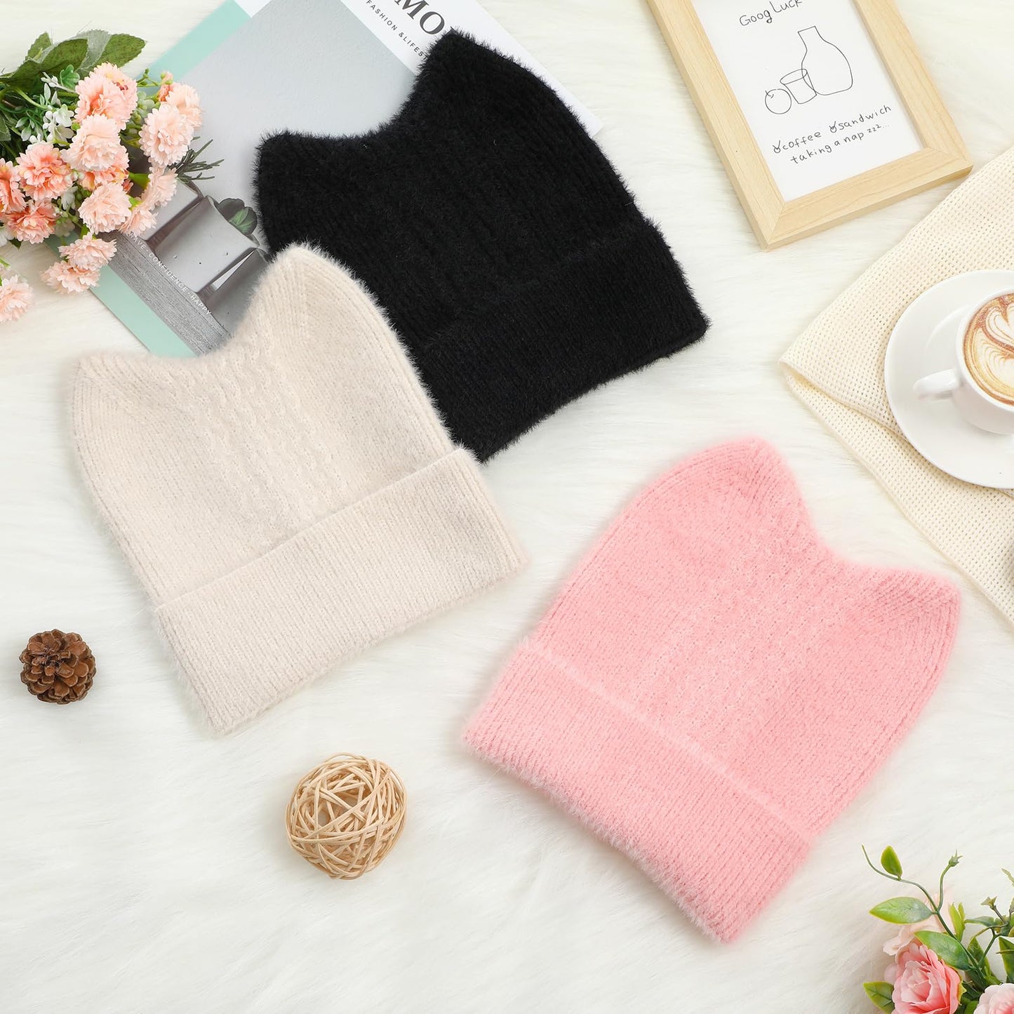 Silicherry 3 Pcs Winter Cat Ear Knitted Beanie Hats for Women Men Ladies Soft Warm Lazy Slouchy Hat Accessories(Black,Pink,White)