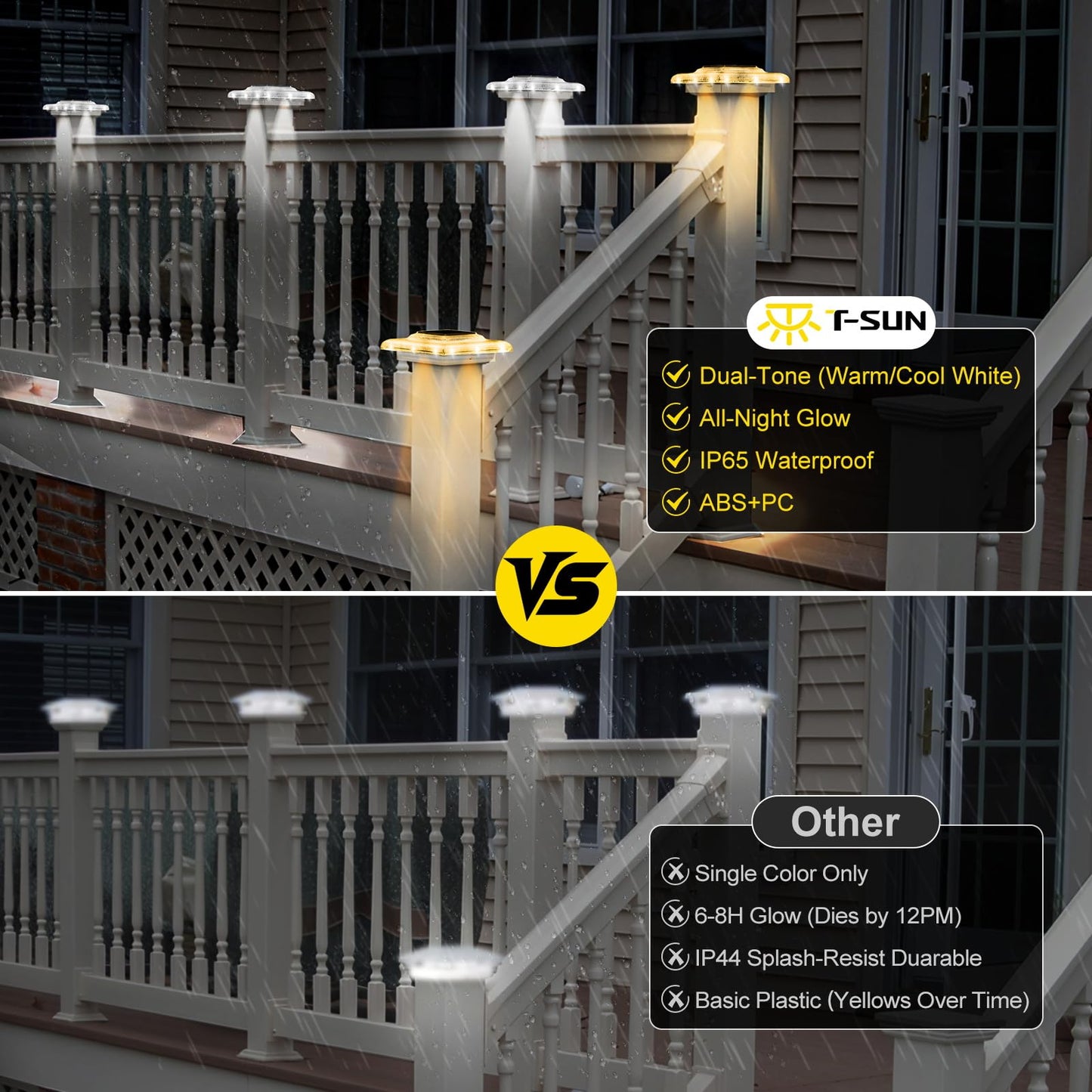 T-Sun Solar Post Cap Lights 4X4  Fence Post Solar Lights 6 Packs  Ip65 Waterproof Outdoor Lighting Smart Auto On/Off For Stairs Step  Vinyl Fence Tops  Deck  Patio  Garden (Warm/Cool White)