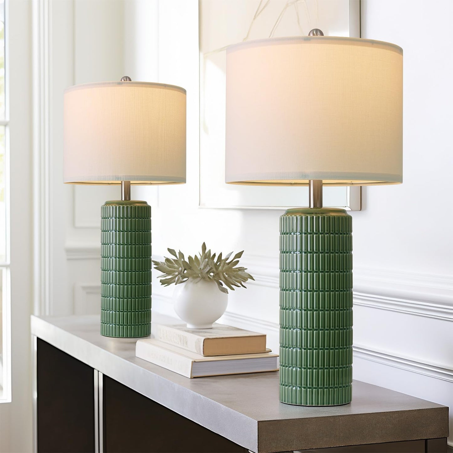 PoKat Table Lamps Set of 2, 27.5in Dark Green Ceramic, Tall Modern Design for Living Room and Bedroom Nightstands, Model AMZ-T1102L-GN