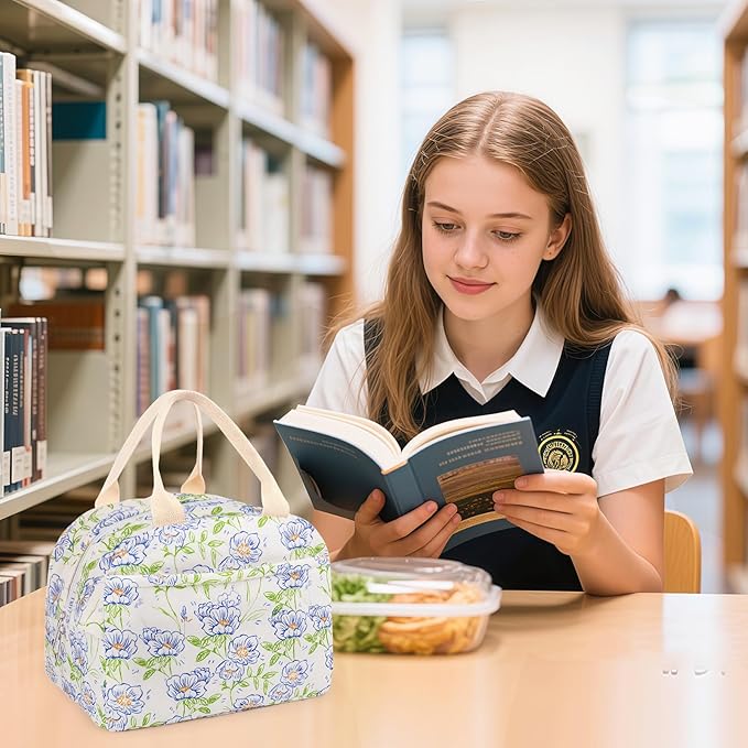 Cotton Quilted Insulated Lunch Bag, Cute Quilted Floral Lunch Tote Bags Reusable Insulated Lunch Box Coquette Aesthetic Large Capacity Insulated Cooler for Women Work Travel Picnic (Blue Flower)