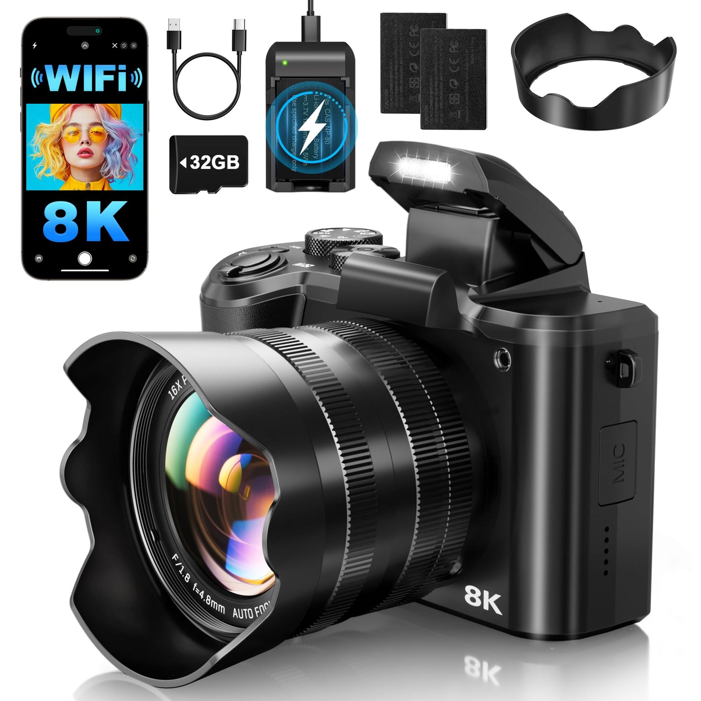 XNSIAKXA 8K Digital Cameras for Photography Autofocus 88MP WiFi Professional 16X Digital Zoom Photography Camera with Dual-Lens