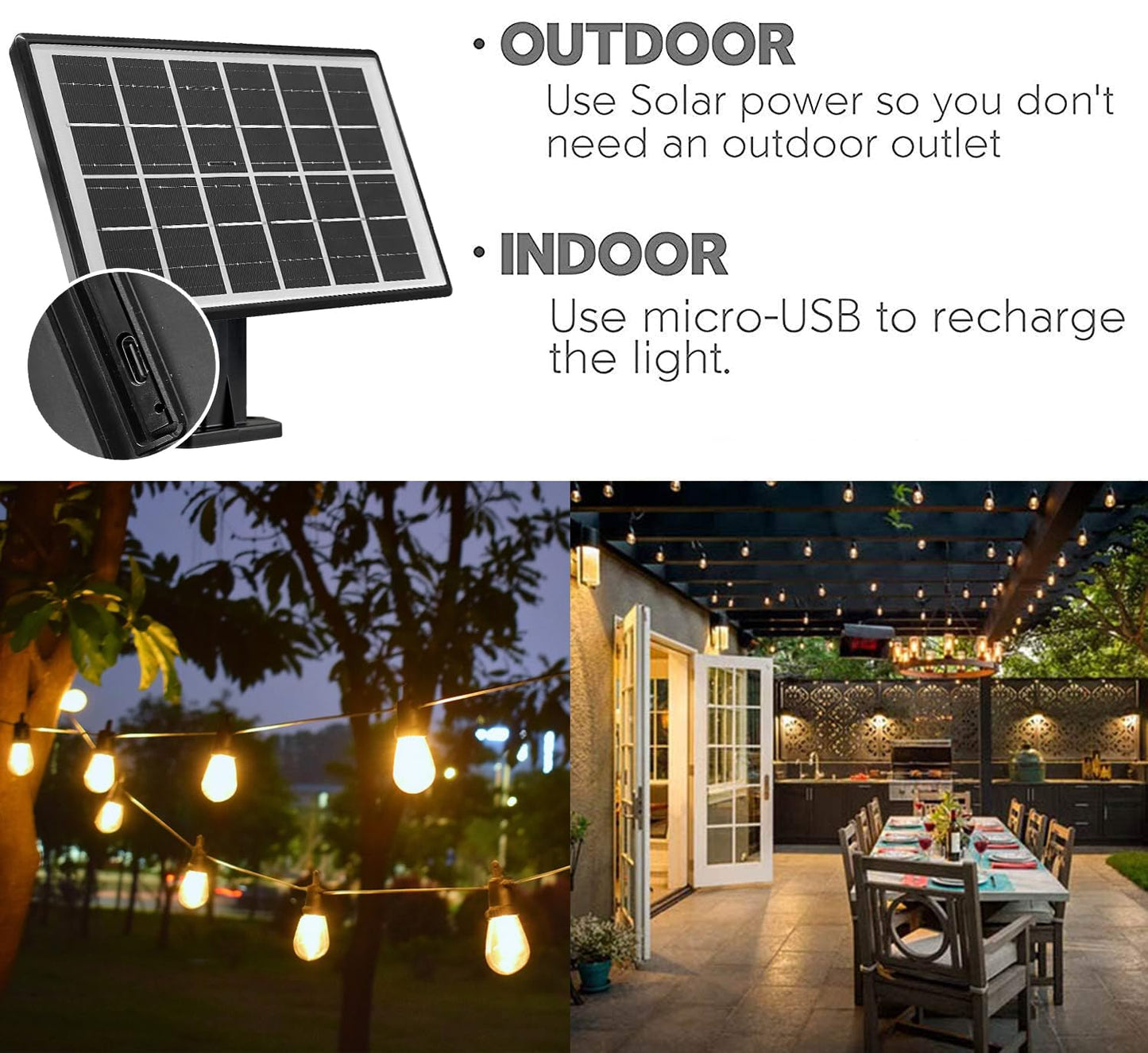 SUNTHIN Solar String Lights, 48ft Waterproof Black Outdoor Patio Lights, Shatterproof Solar Bulbs for Garden, Pool, Party, Camping