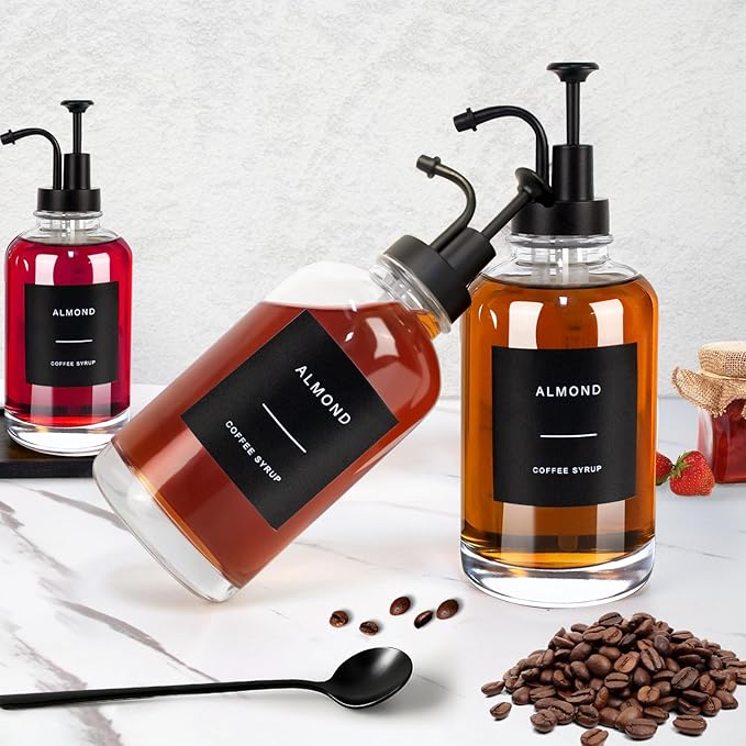Coffee Syrup Dispenser for Coffee Bar, 3PCS Coffee Bar Accessory Syrup Dispenser w. Labels,16.9 oz 500ml Simple Glass Syrup Bottle w. Tray & Coffee Scoop