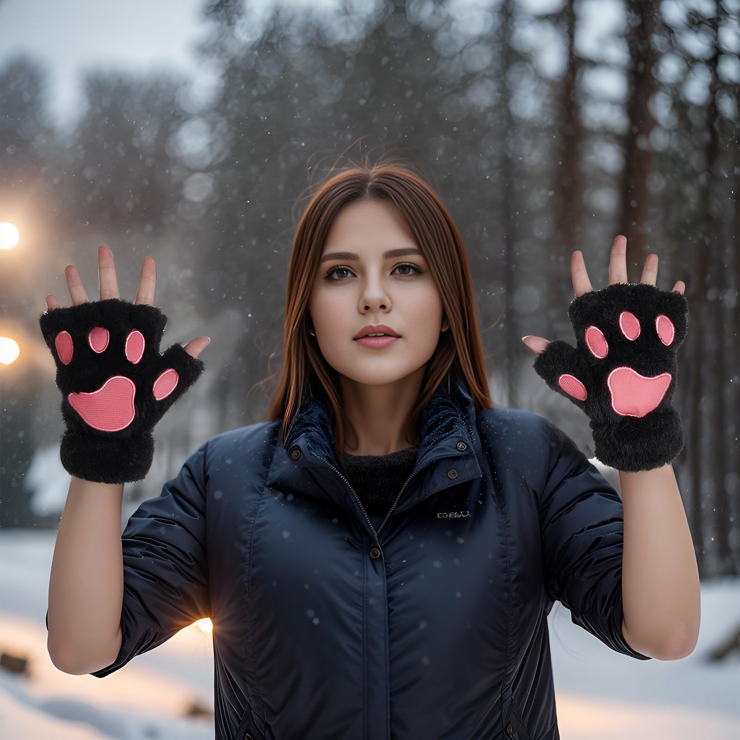 Hmxpls Fingerless Cat Paw Gloves, Winter Furry Bear Paw Gloves Cosplay Costume Accessories (Black)