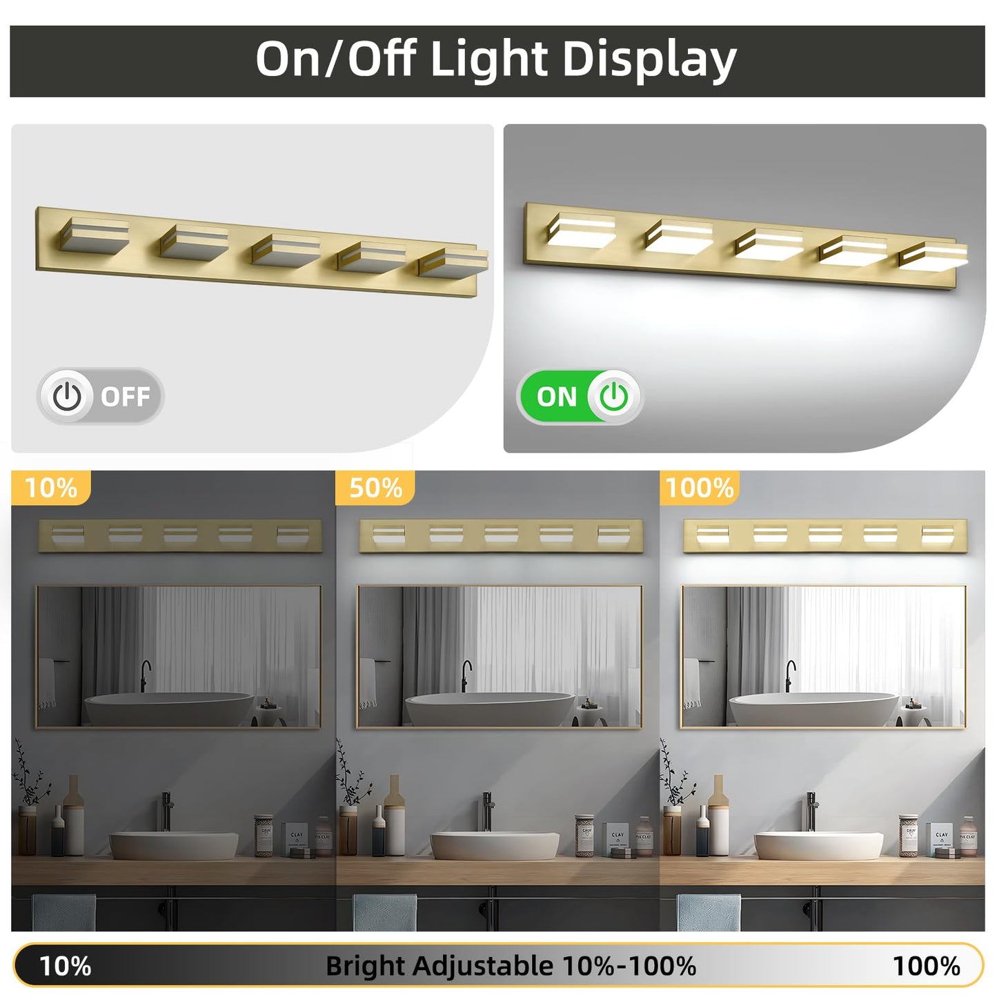 OKELI 5-Light Bathroom Vanity Light Dimmable LED 32W 36.2 Inch Gold Modern Over Mirror, Model OK-9553-5T-GL