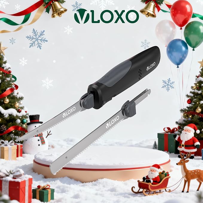 VLOXO Cordless Electric Knife, Rechargeable Electric Carving Knife with 2 Ti-Nitride S.S. Coated Non-Stick Blades Non-Slip Handle Safety Lock Electric Knives for Meat Slicing Fish Fillet Bread Turkey