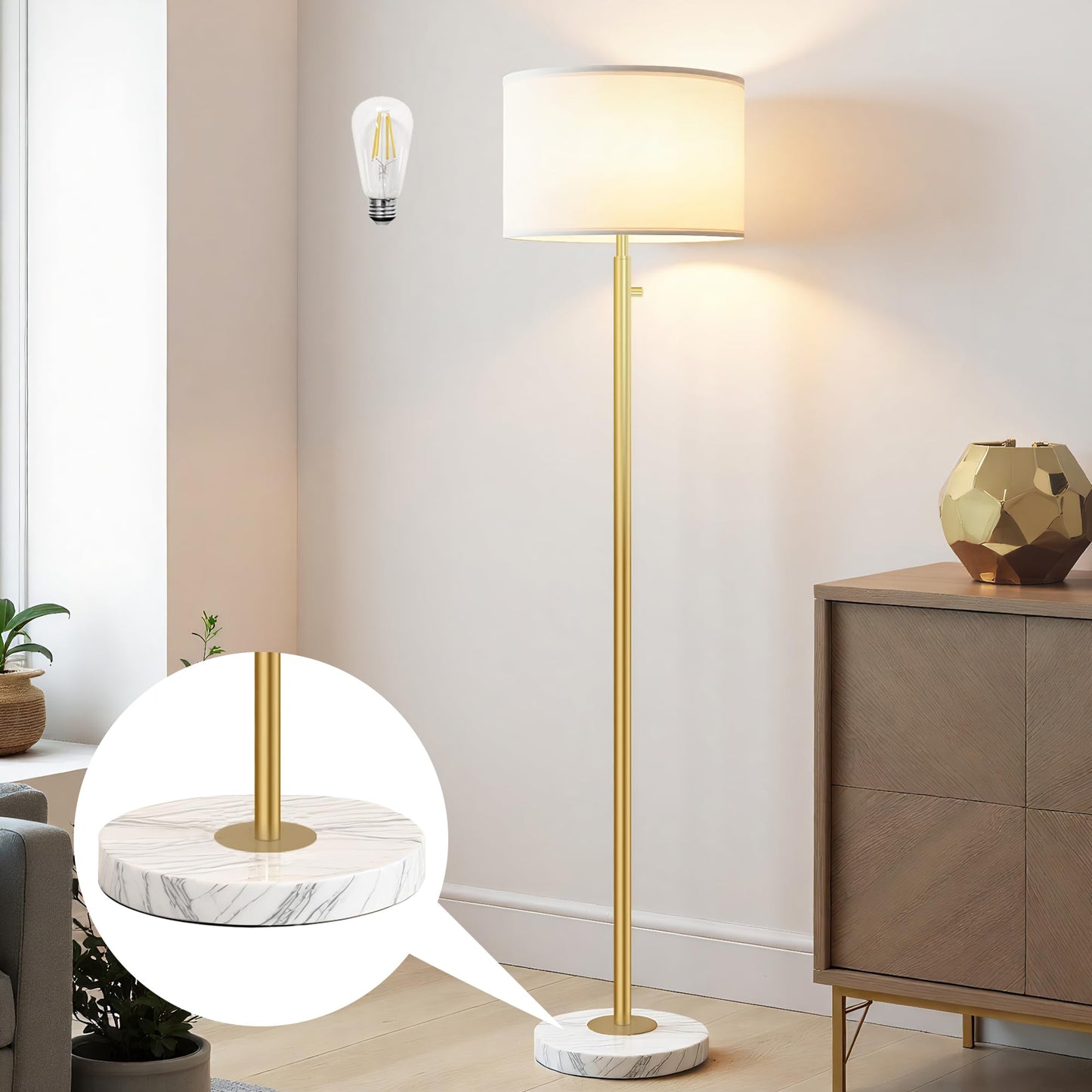 Aulaiyi Dimmable Gold Floor Lamp, Tall Metal Standing Lamp with Marble Base, Model WK012, Ideal for Living Room, Bedroom, Office