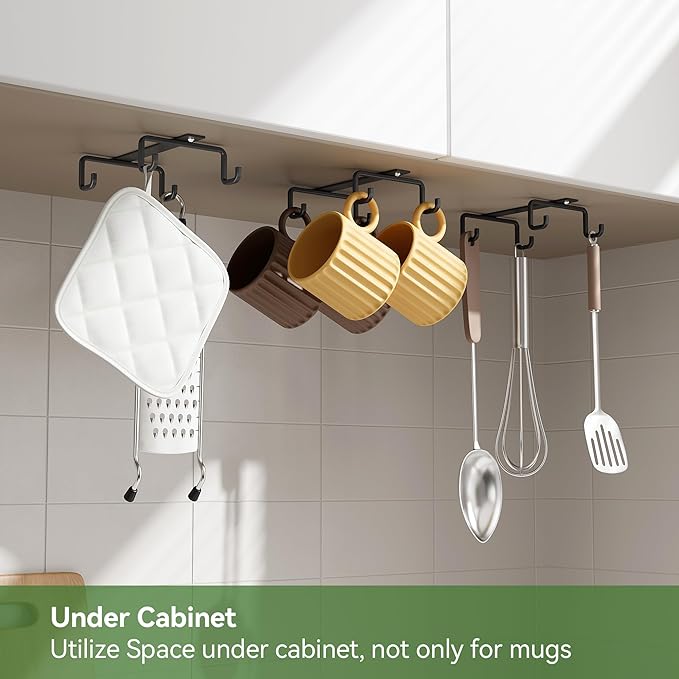 ECROCY Mug Hooks Under Cabinet Space-Saving, Easy Screw Mounting, Metal Coffee Cup Hooks 3 Pack