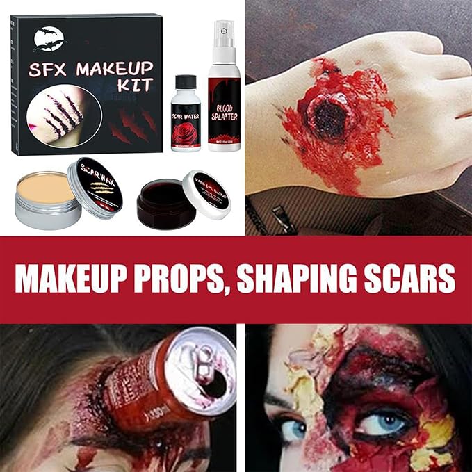 All in One Halloween Makeup Kit, Fake Scar Wax SFX Makeup Kit, Fake Blood Spray, Ideal for Zombie makeup, Vampire Blood, SFX makeUp, Cosplay Party, Stage, Washable Realistic Effect