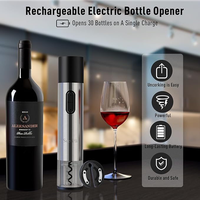 Electric Wine Bottle Opener and Beer Opener 2-in-1, Rechargeable Automatic Corkscrew with Foil Cutter, One-click Wine Opener Electric for Home Kitchen Party Wedding