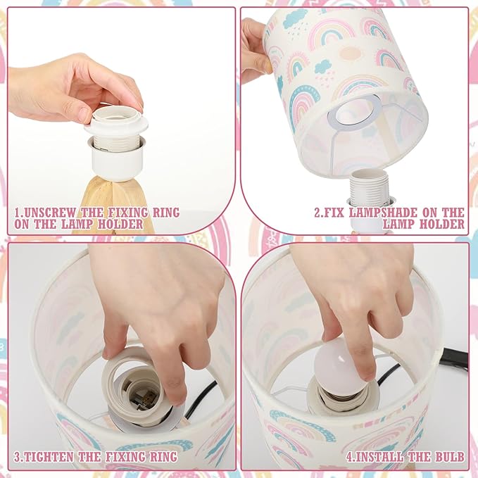 VIHOSE Rainbow Kids Tripod Table Lamp for Bedroom Kids Bedside Lamp with Linen Wooden Nightstand Cartoon Nursery Lampshade for Girls Boys Living Room